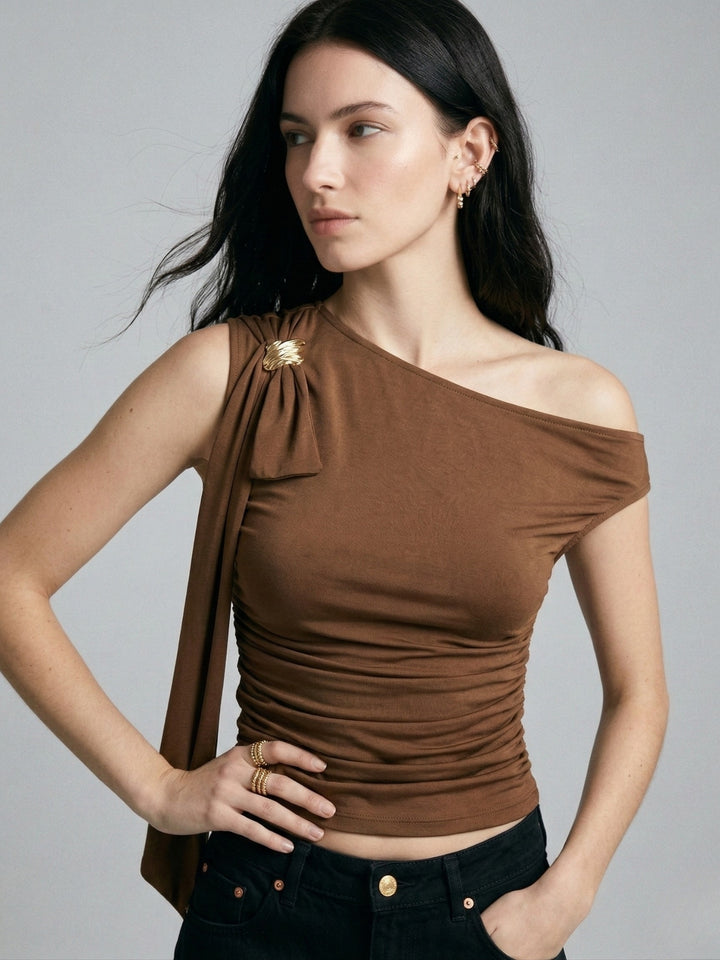 Brown One Shoulder Metal Trim Detail Top