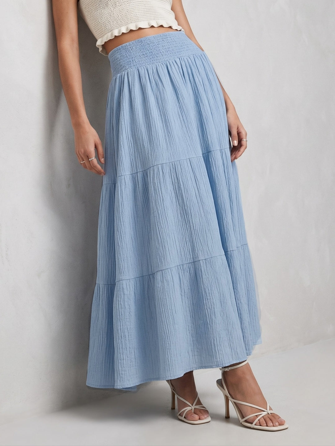 Blue High Waist Tiered Skirt