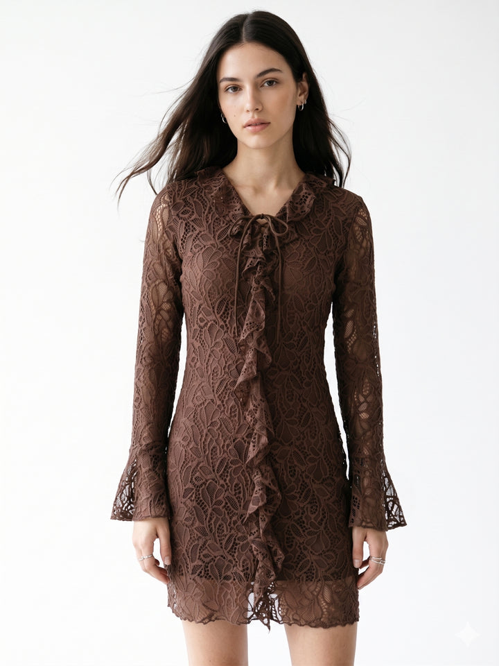 Brown Lace Dress With Ruffled Details & Flared Sleeves