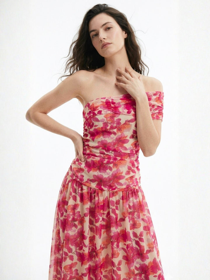 Pink Romantic Floral Print Bardot Dress With Delicate Ruffle Trim Detail