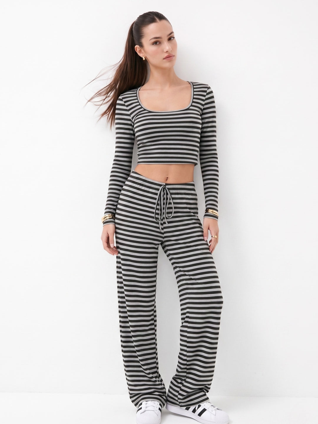 Black Full Sleeve Striped Top And Bottom Set