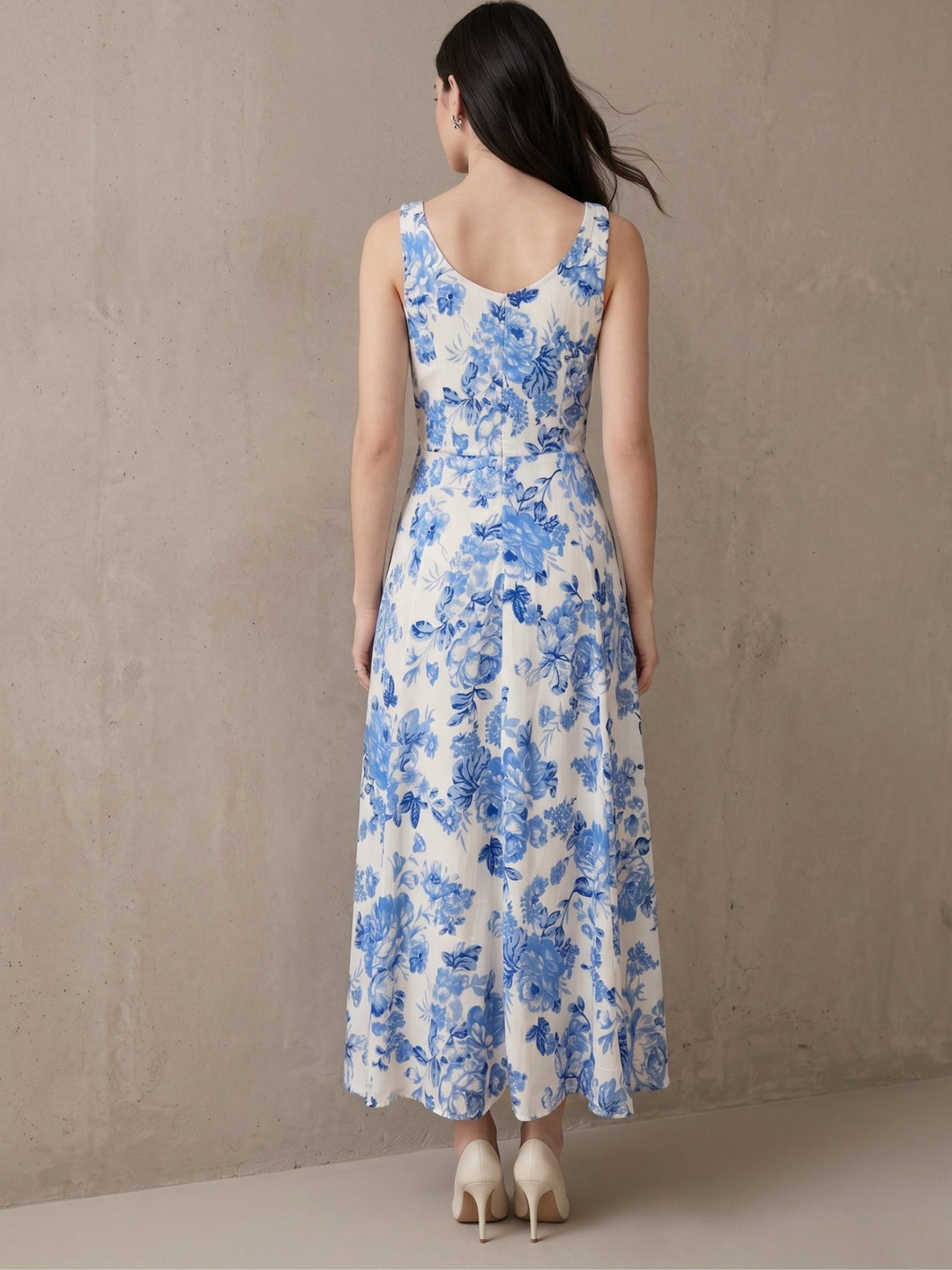 Blue Maxi Length Printed Dress In Jacquard Satin Fabric