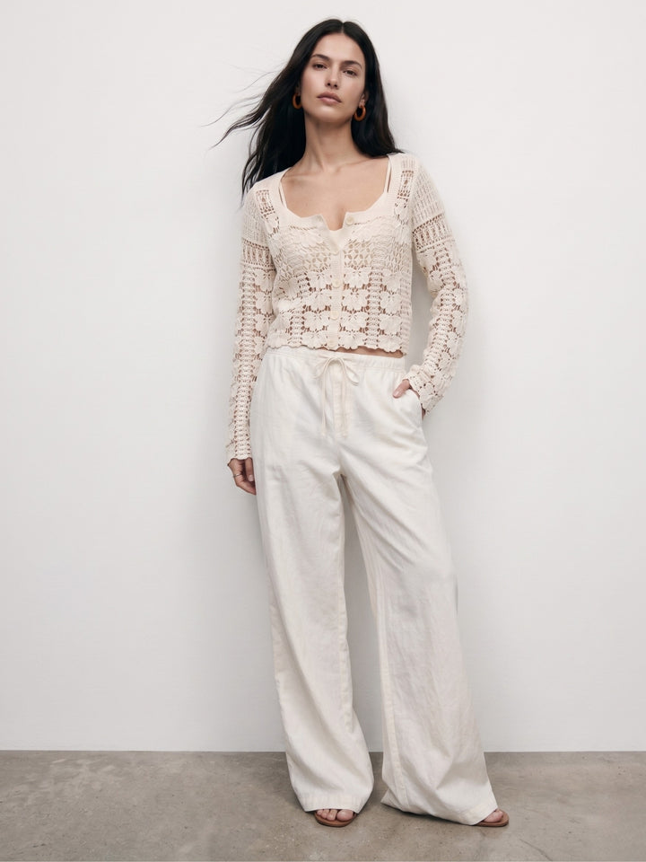 Cream Full Sleeve Crochet Front Buttoned Top