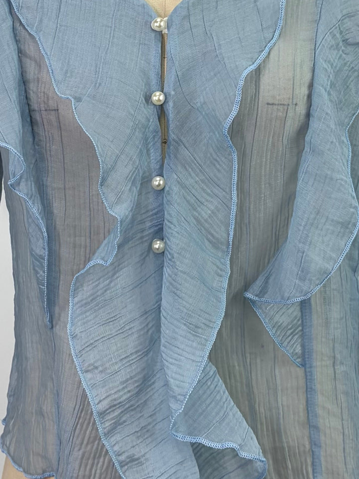 Light Blue Button Down Detailed Blouse With Ruffles