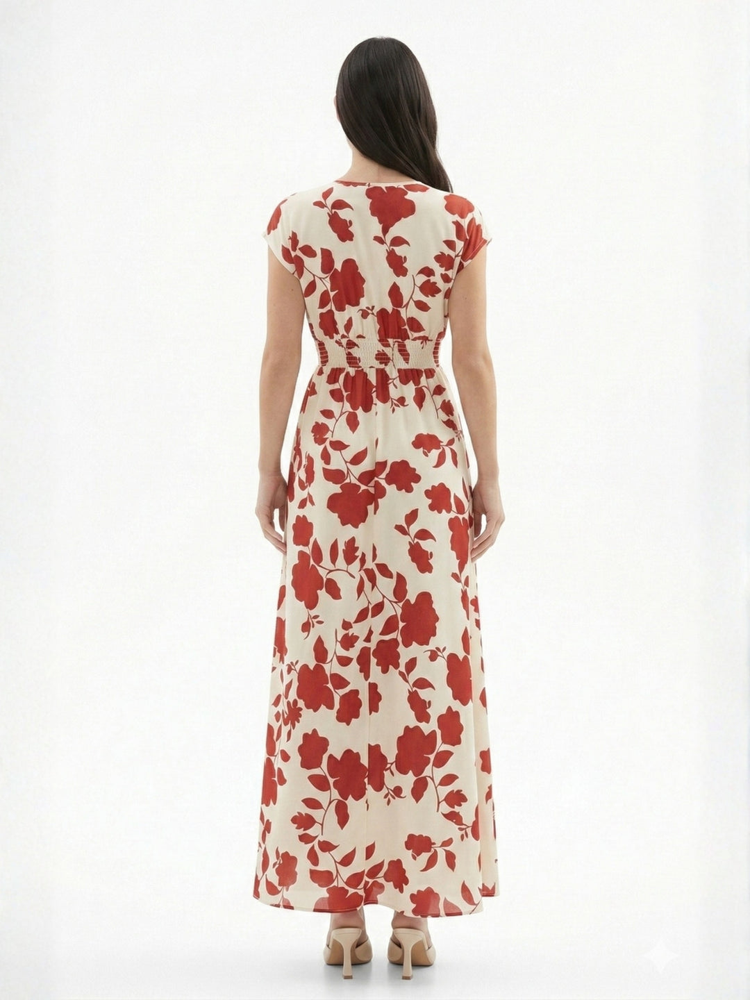 Cream Short Sleeve V Neck Floral Dress