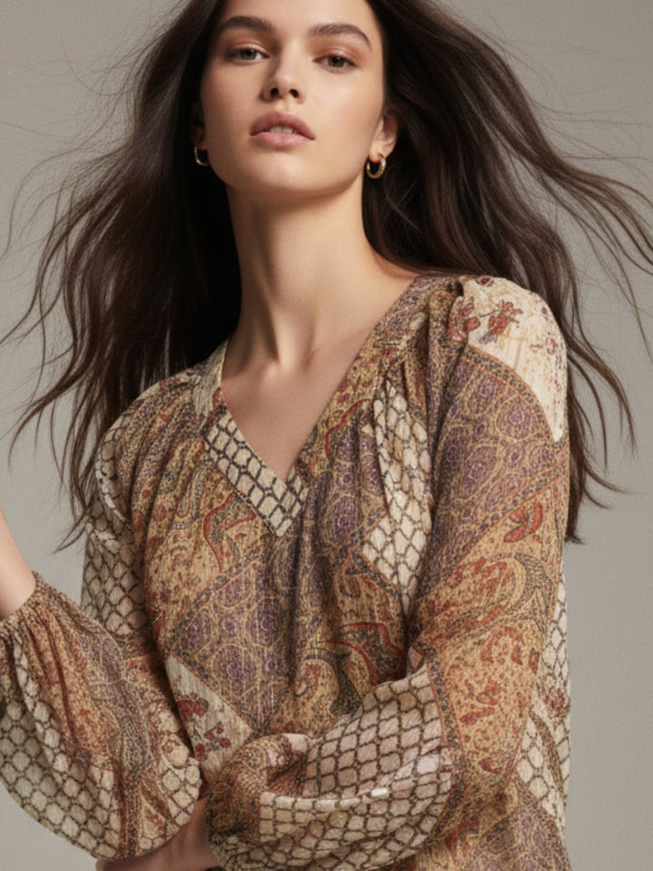 Brown Multicolor Paisley Boho Blouse