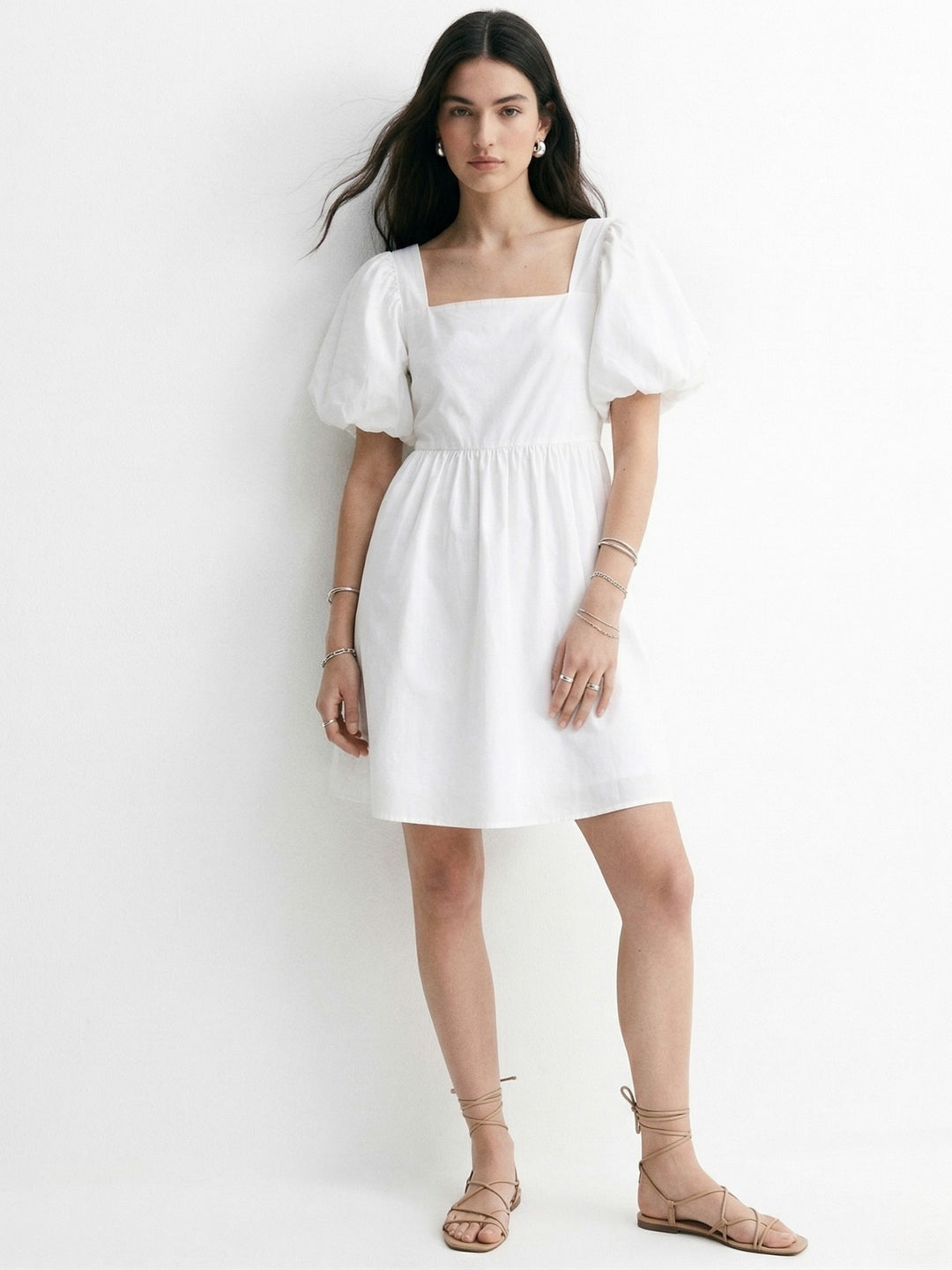 White Square Neck Puff Sleevees Mini Dress