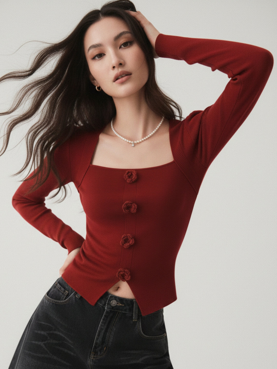 Maroon Full Sleeve Square Neck Flower Trim Top