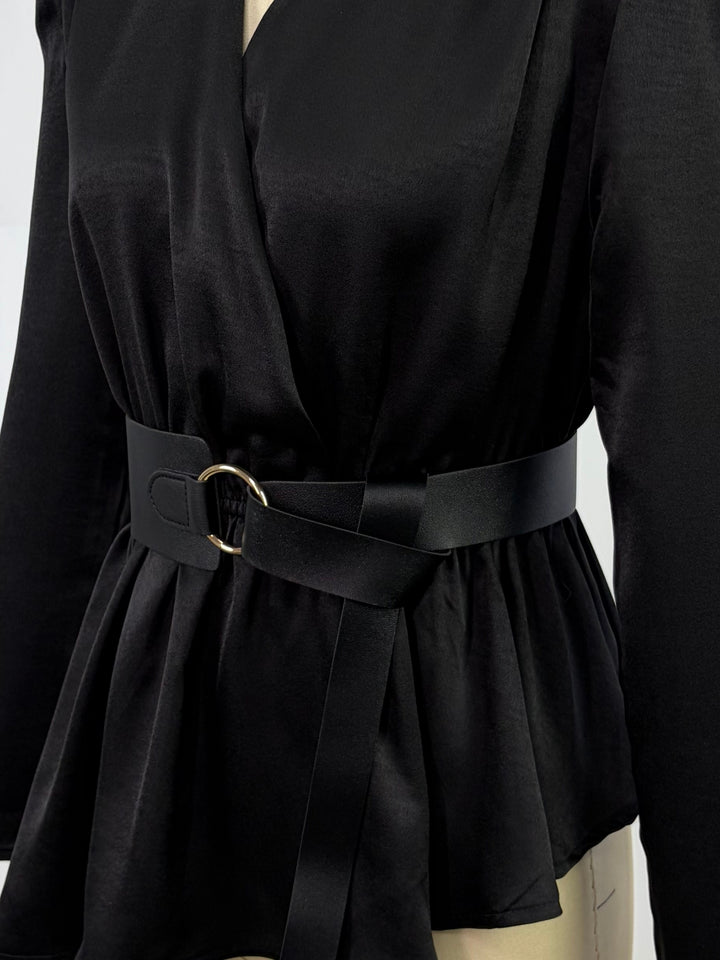 Black Plunge Neck Blouse With Belt Detail