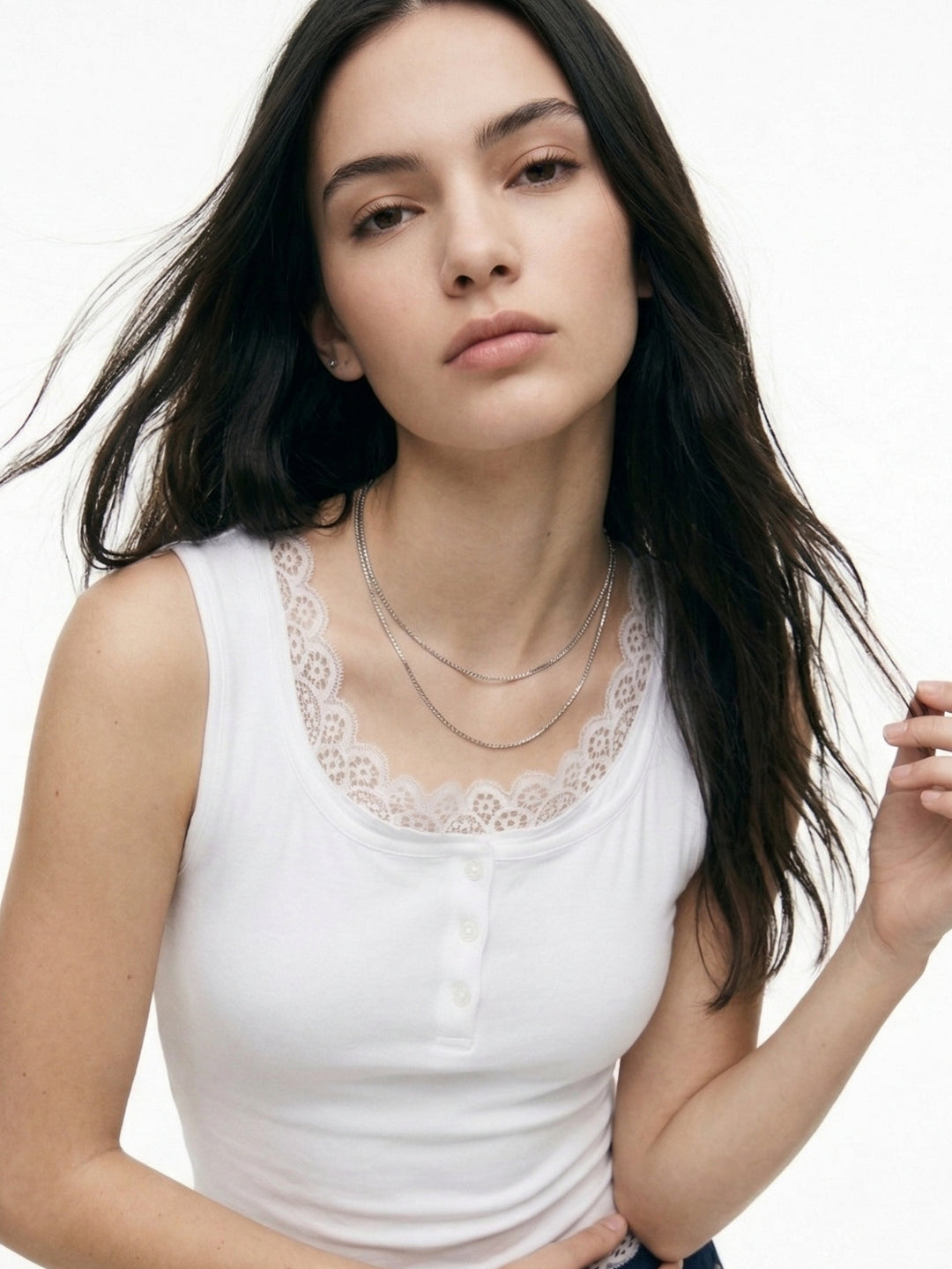 White Ribbed Twofer Tank With Lace Inserts