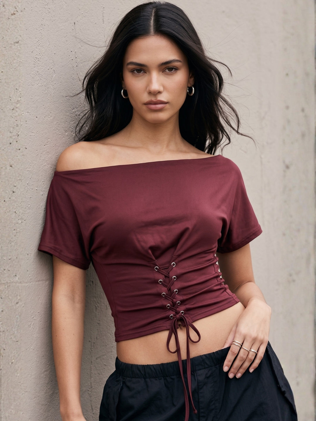 Brown Off-Shoulder Fitted Top With Gladiator Tie Up Detail