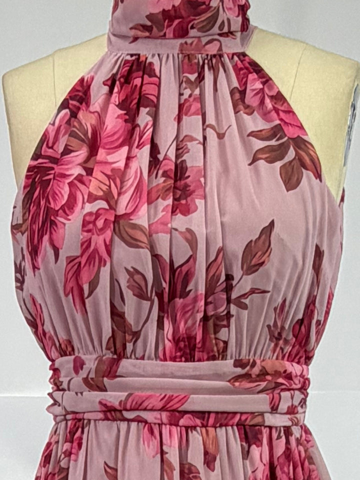 Pink Halter Neck Printed Dress With Cinched Waist