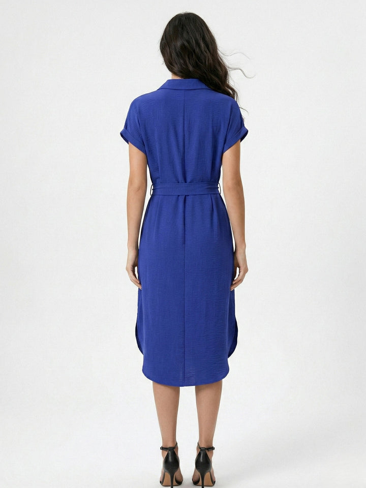 Blue Shirt Dress With Waist Tie Up Detail