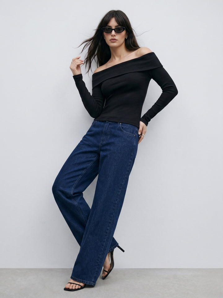 Black Off-Shoulder Fitted Top