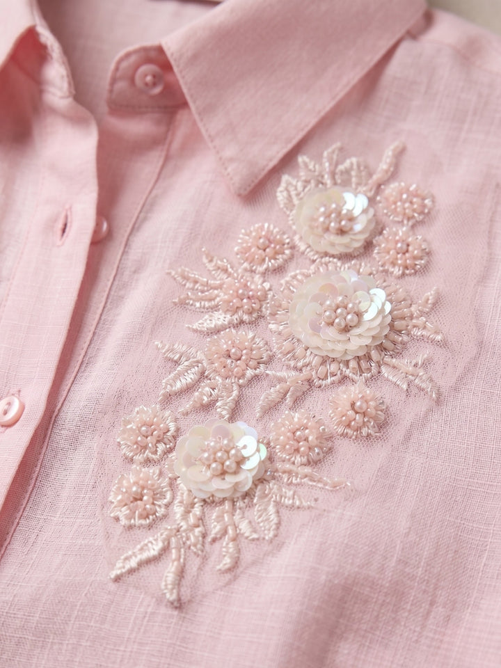 Pink Embroidered Pink Blouse In Satin Fabric