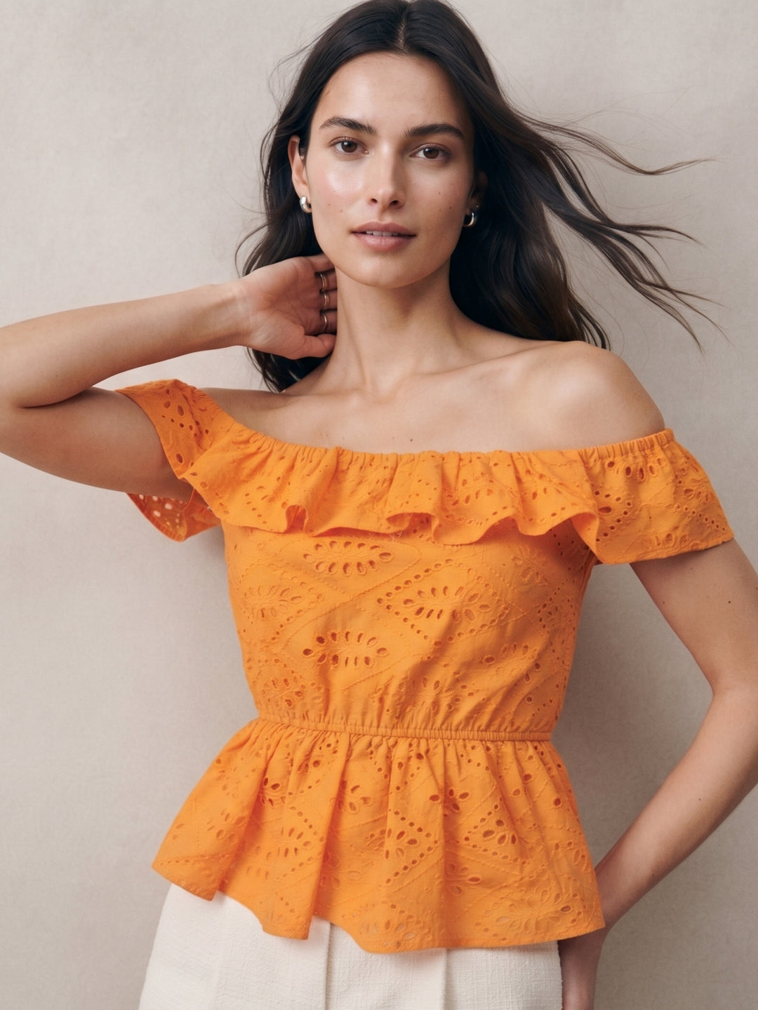 Orange Offshoulder Schiffli Blouse