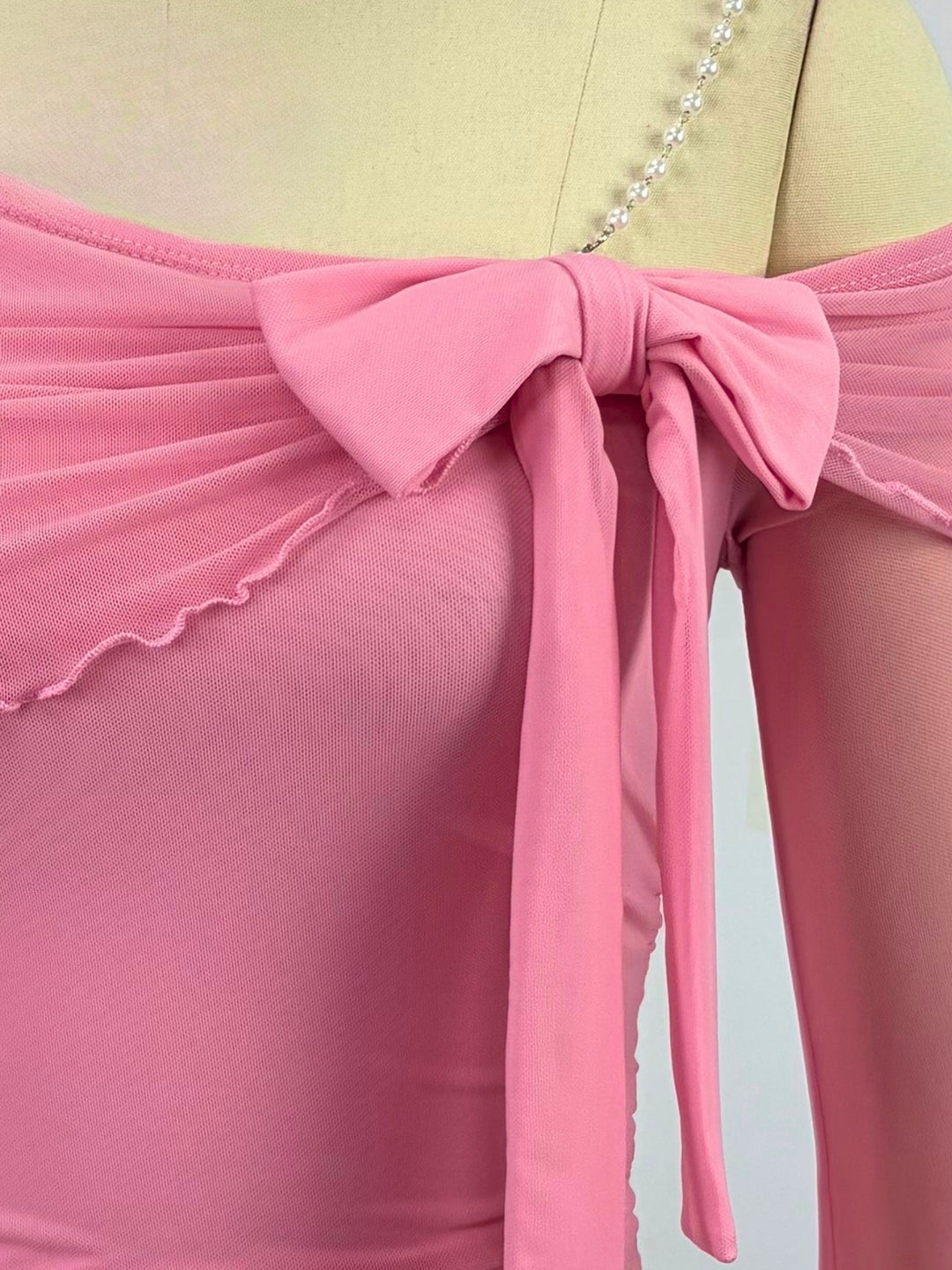 Pink Cold Shoudler Top With Studded Strap And Bow Detail