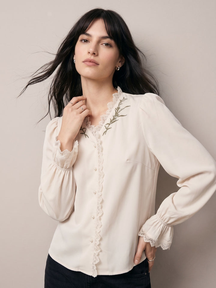 Off White Button Down Blouson Top With Lace Inserst