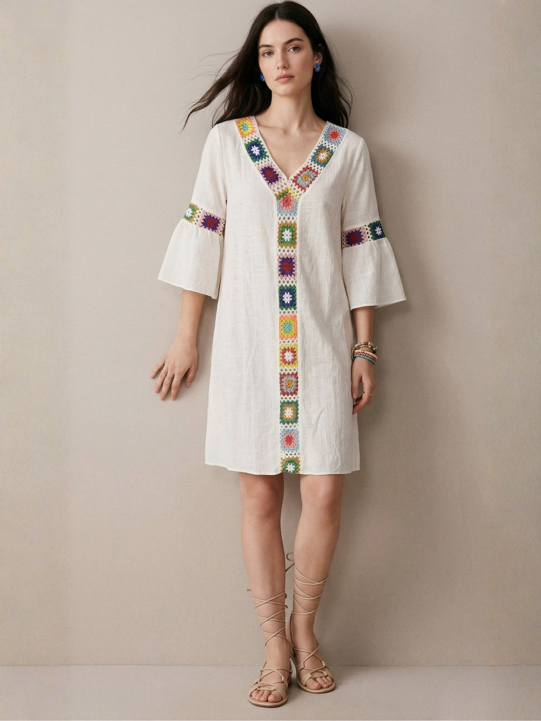 White Crochet V Neck Detail Dress