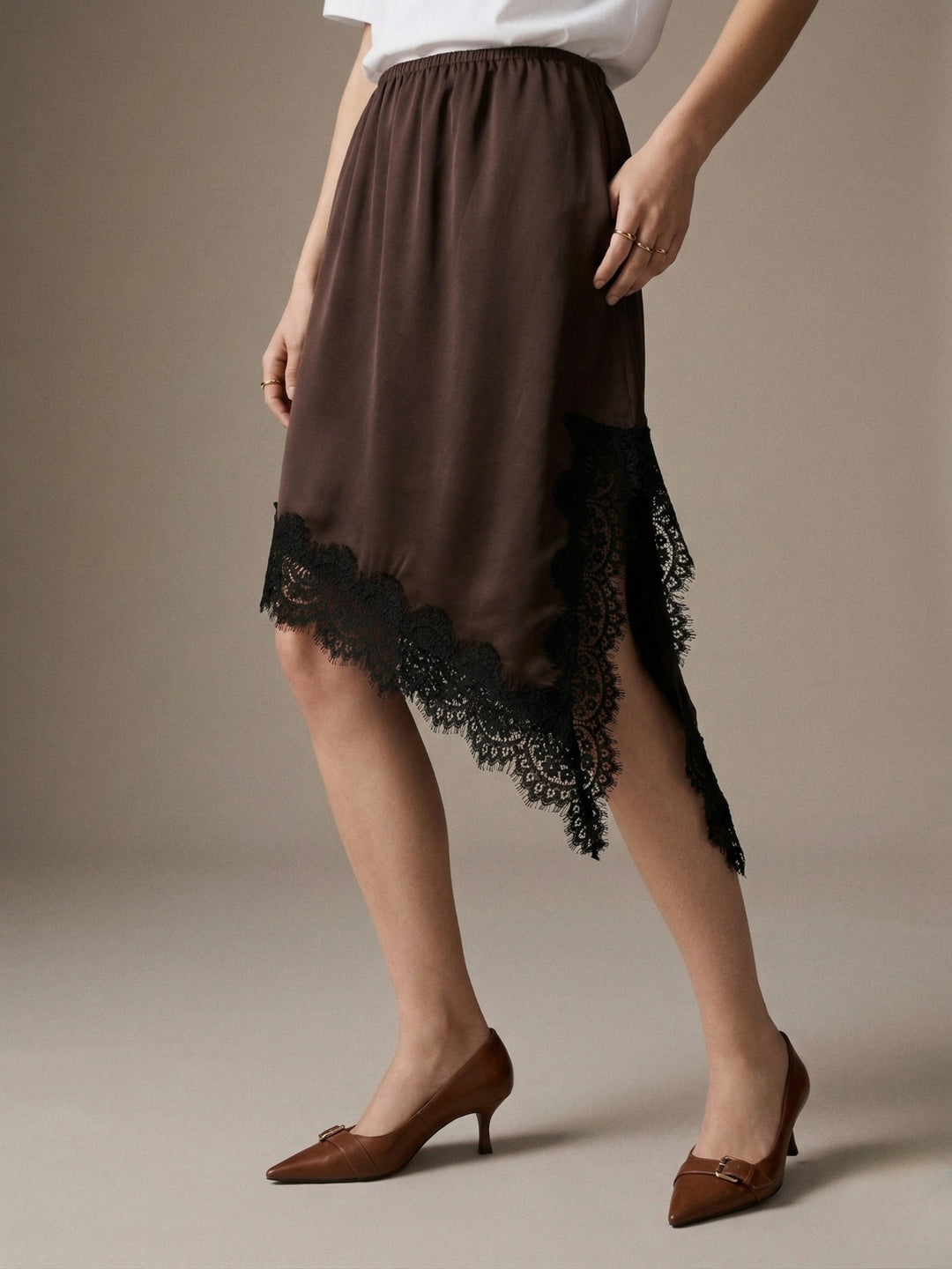 Brown Asymmetric Hem Skirt With Lace Inserts