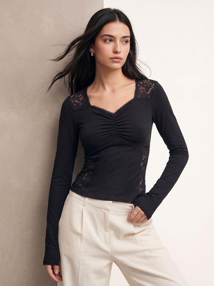 Black Sweetheart Neckline With Lace Inserts Top