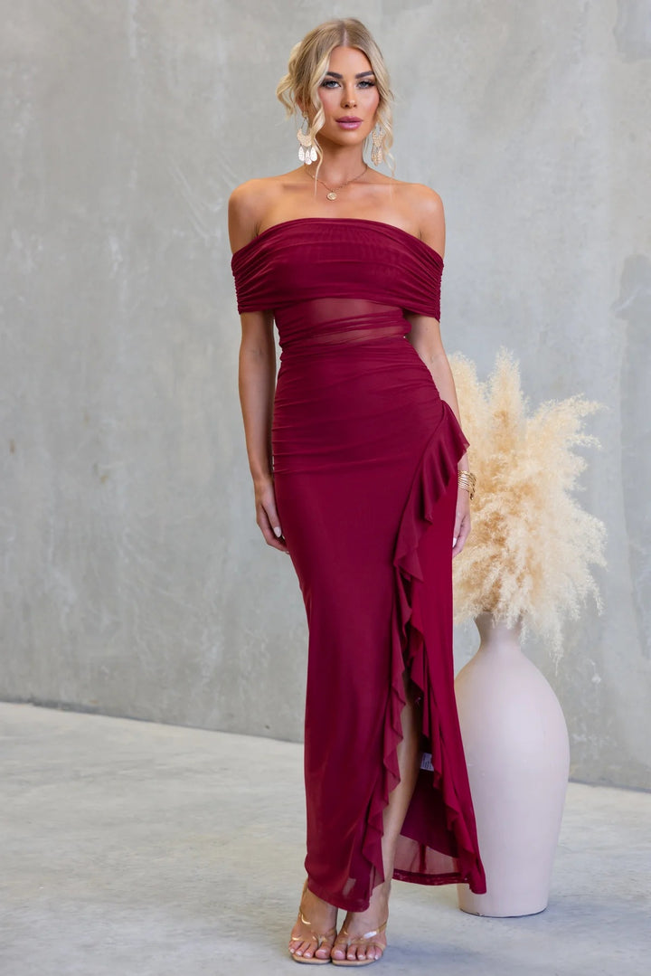 Maroon Off Shoulder Mesh Ruffle Detail Dress