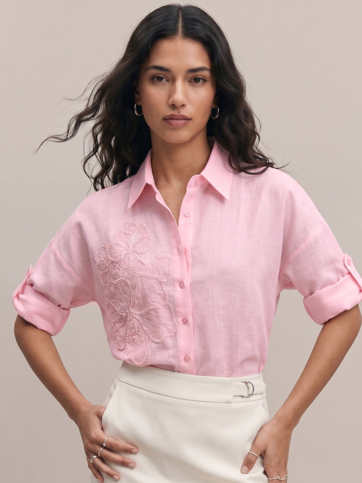 Light Pink Floral Embroidered Applique Shirt