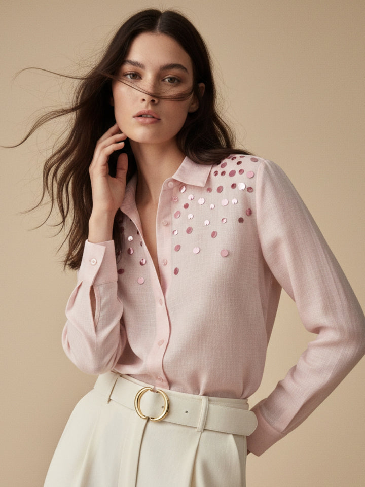 Pink Elegant Relaxed Fit Womens Shirt With Sequin Embellishment Detail