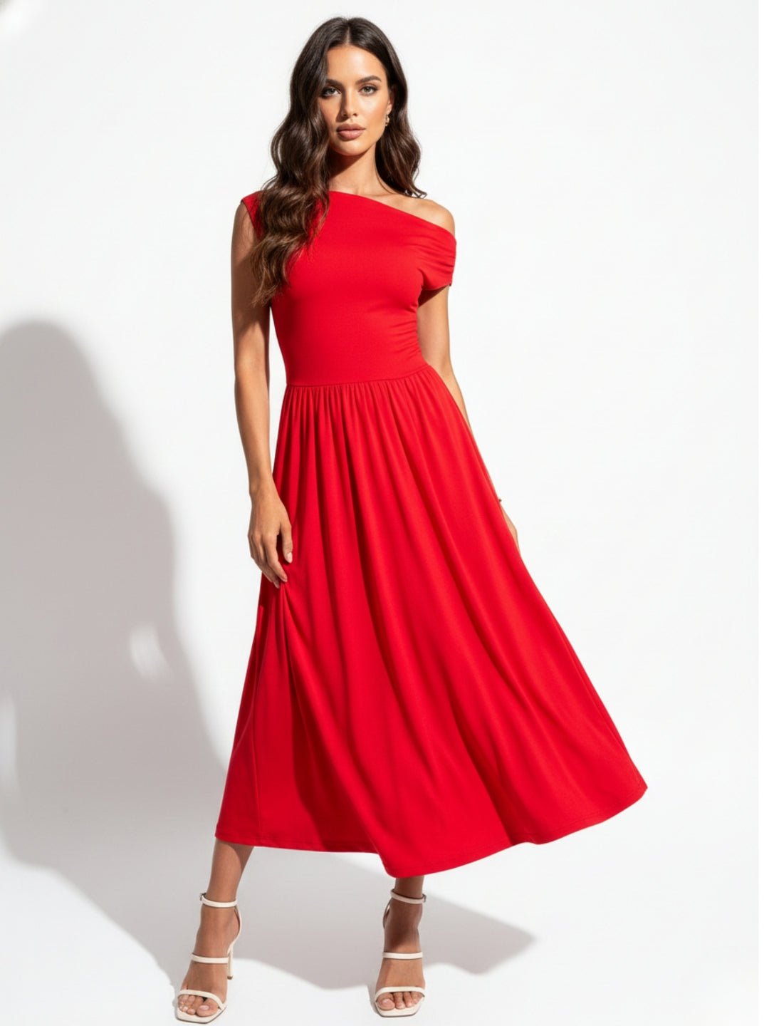 Red Asymmetrical Neckline Flared Dress
