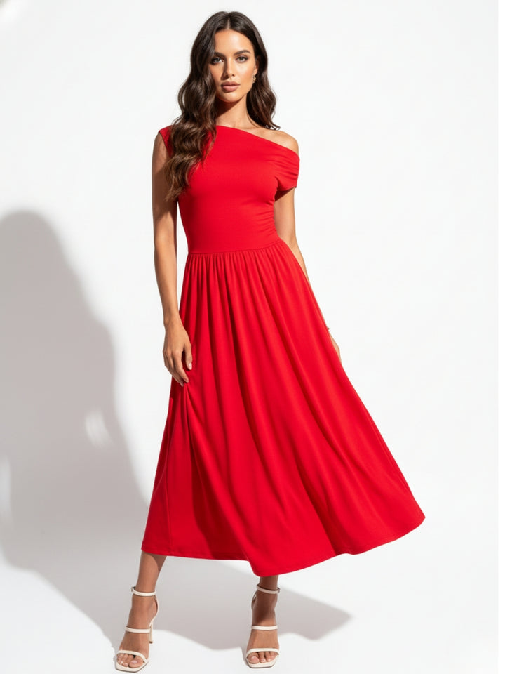 Red Asymmetrical Neckline Flared Dress
