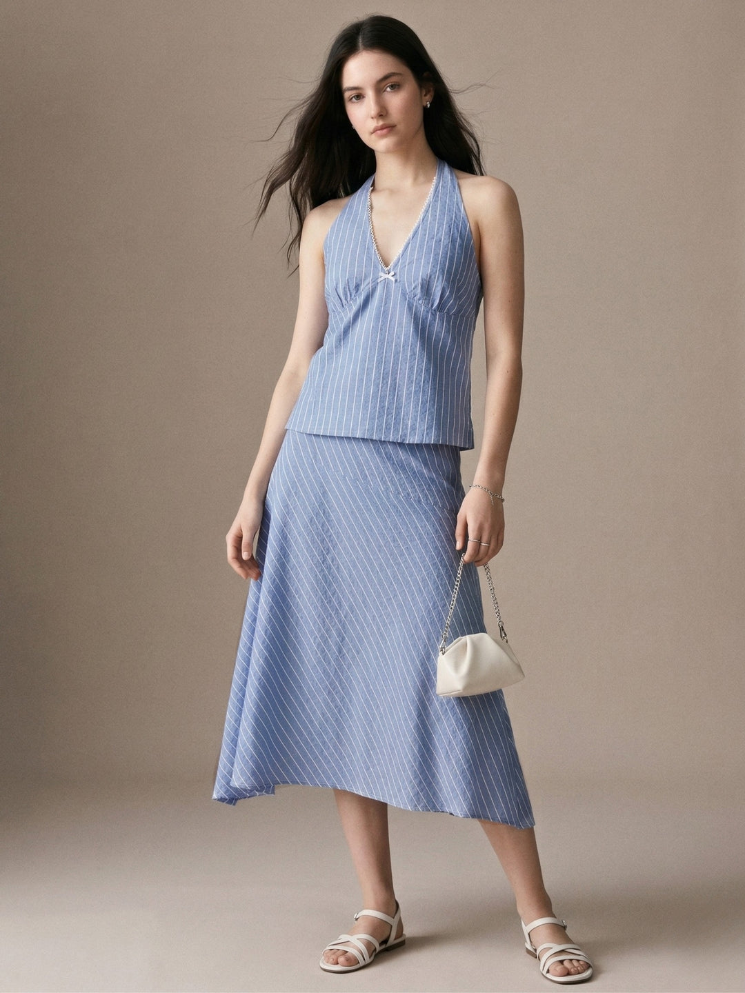 Blue Halter Neck Blouse With Hankerchief Hem Skirt Coord Set