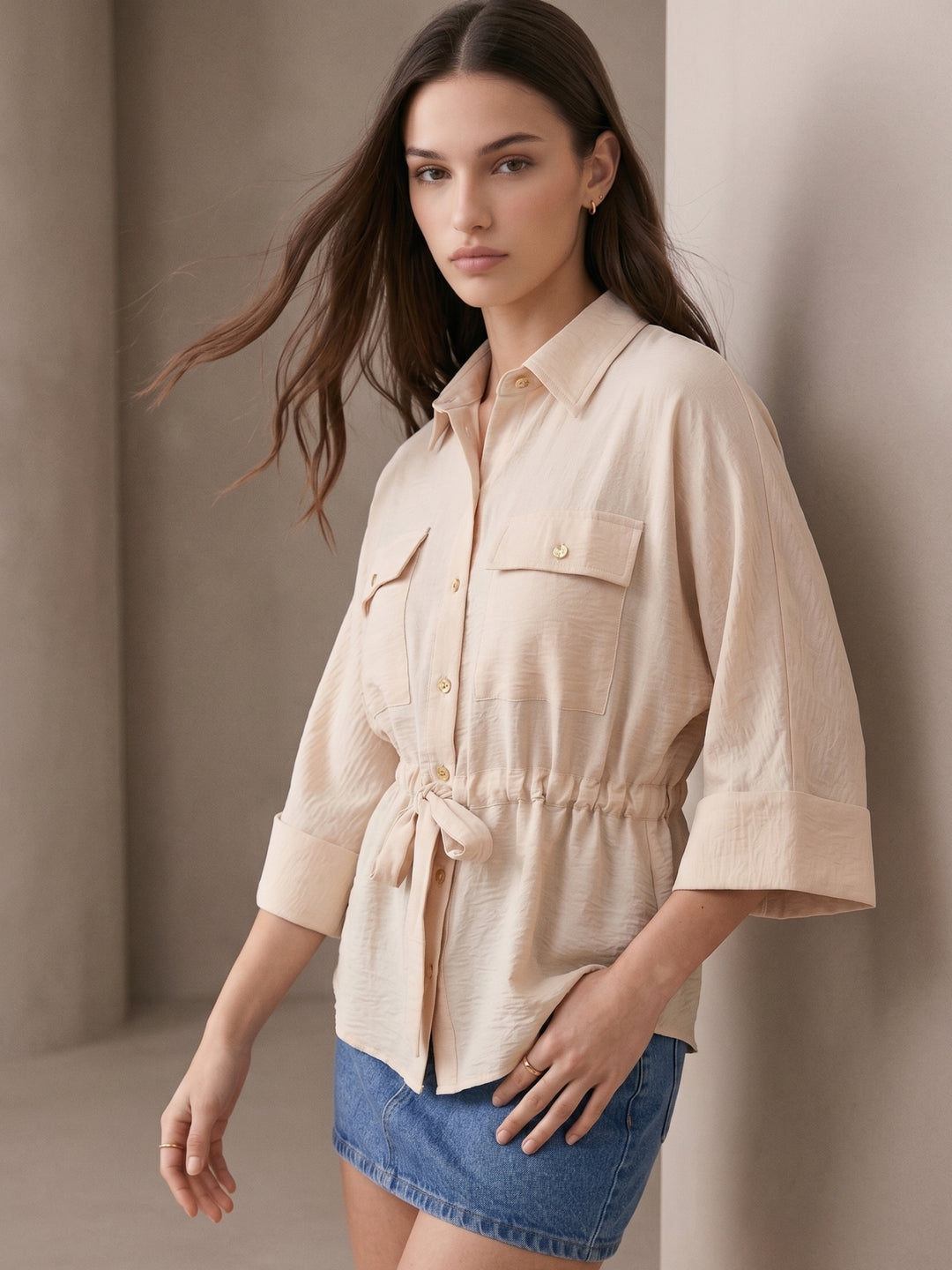 Off White Drawstring Waist Button Down Top