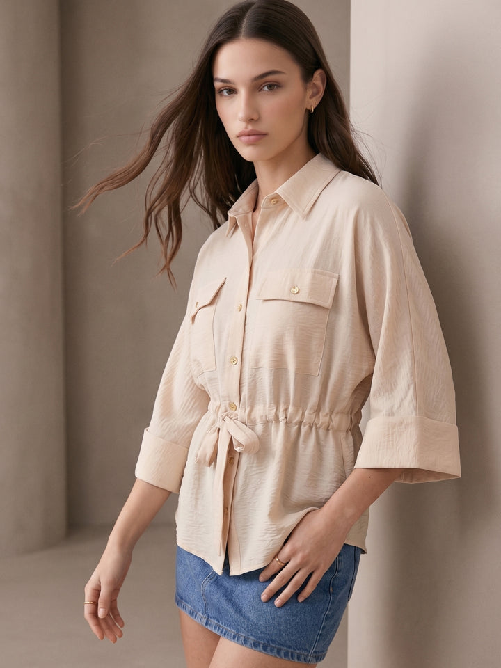 Off White Drawstring Waist Button Down Top