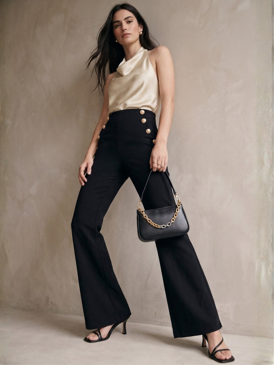 Black High Waist Metal Trim Pant