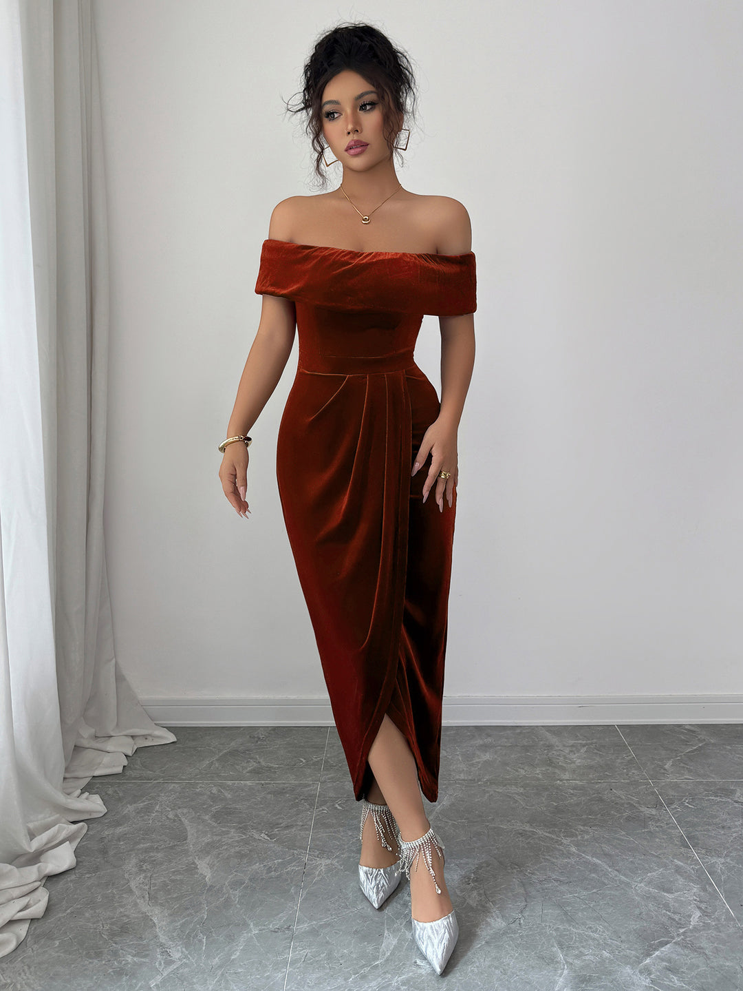 Maroon Off Shoulder Fitted Asymmetrical Hem Dress