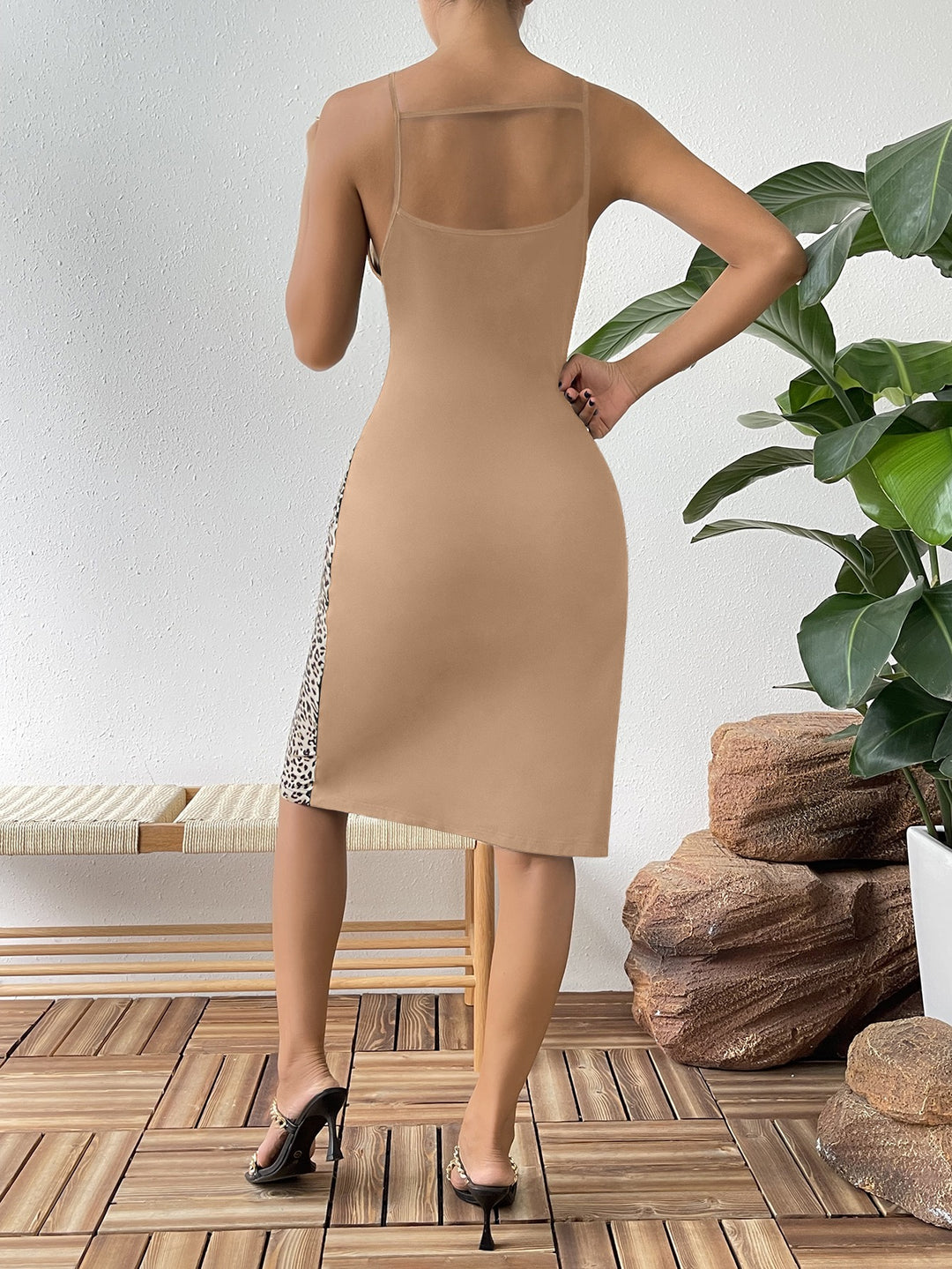 Khaki Colour-Blocked Midi Dress