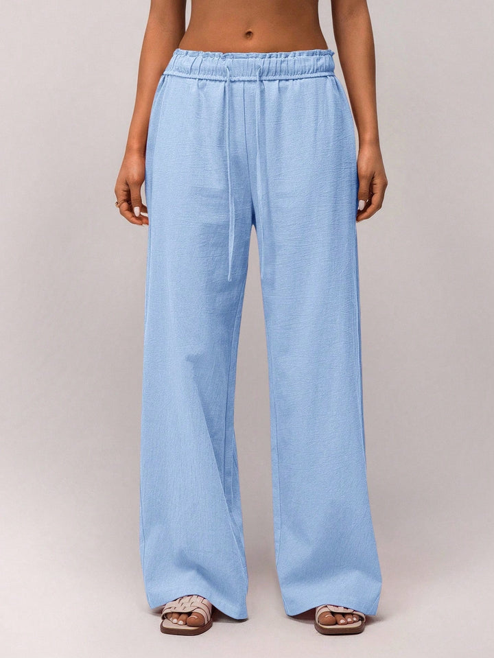 Light Blue High Waist Drawstring Wide Leg Trouser