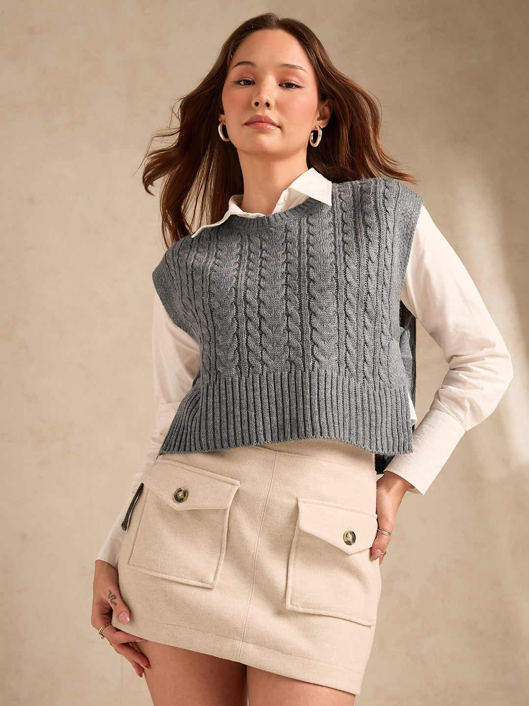 Grey Chunky Cable Knit Sweater