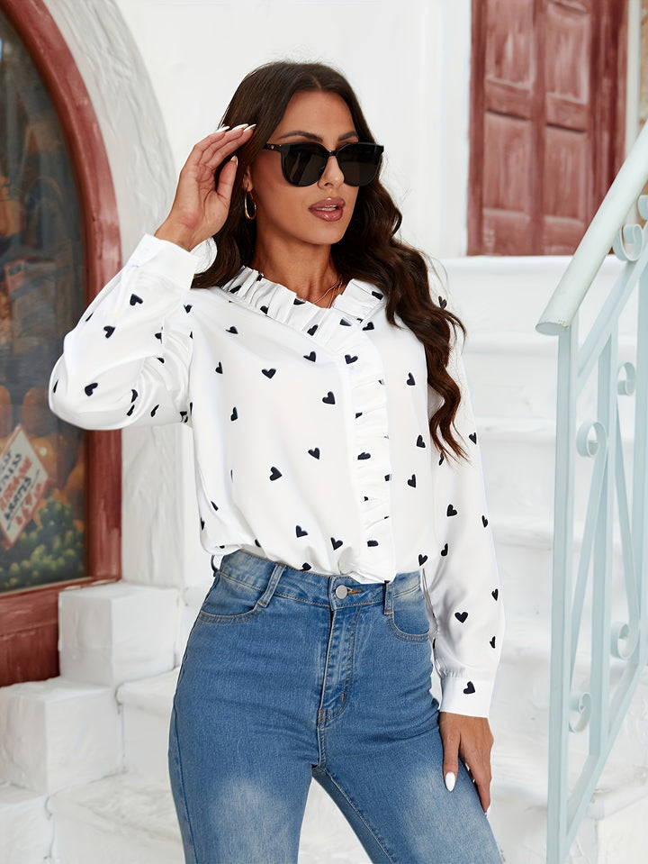 White Heart Print Shirt With Ruffle Detail