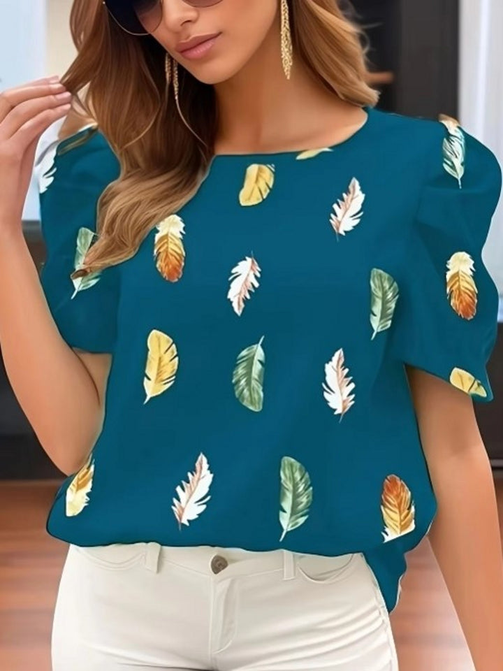 Dark Green Half Puff Sleeves Printed Top