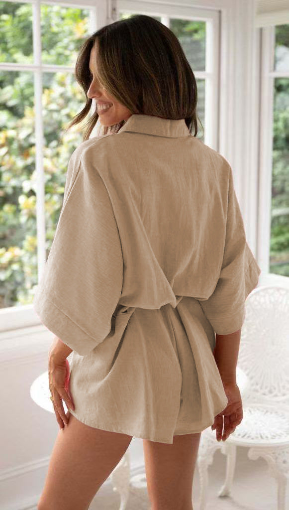 Beige Collared Solid Romper