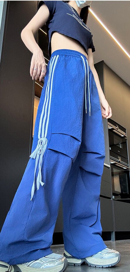 Navy Blue Wide Leg Drawstring Stripe Pin Tuck Sweatpants