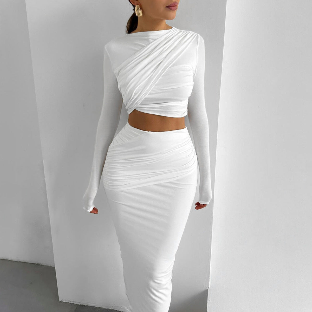 White Bandage Crop Top With Fitted Skirt Co-Ord Set