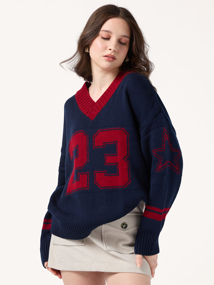 Navy Blue Varsity Graphic Sweater