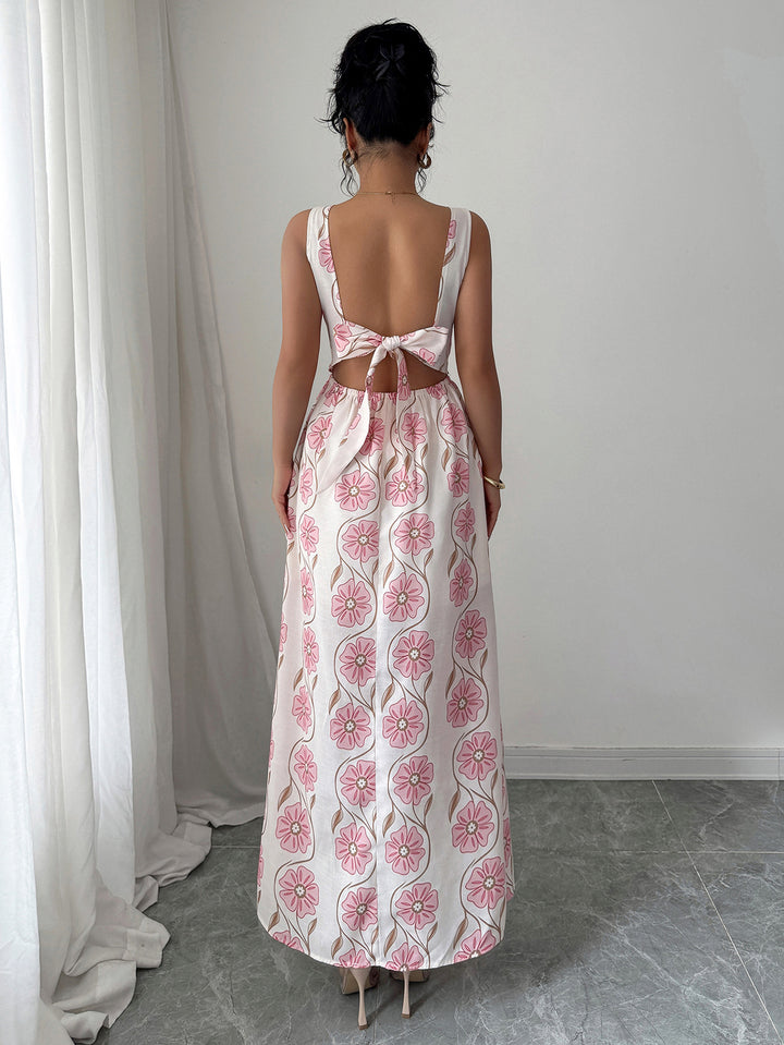 Pink Printed V-Neck Maxi Dress