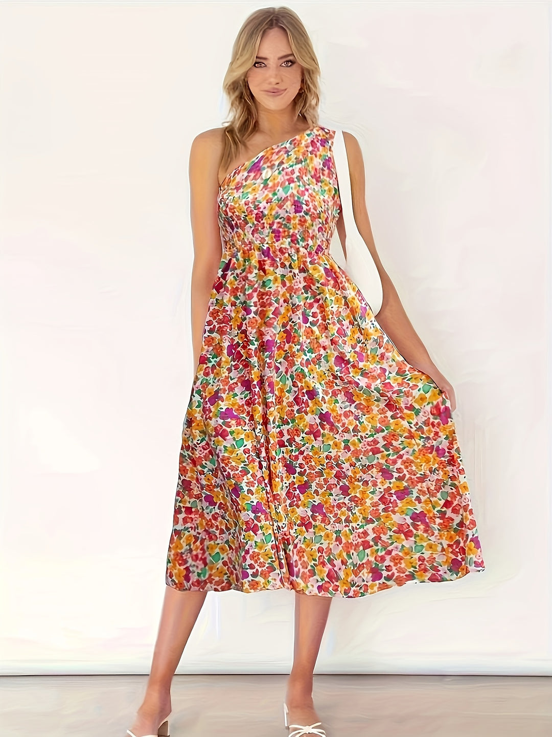 Orange One Shoulder Floral Printed Dress