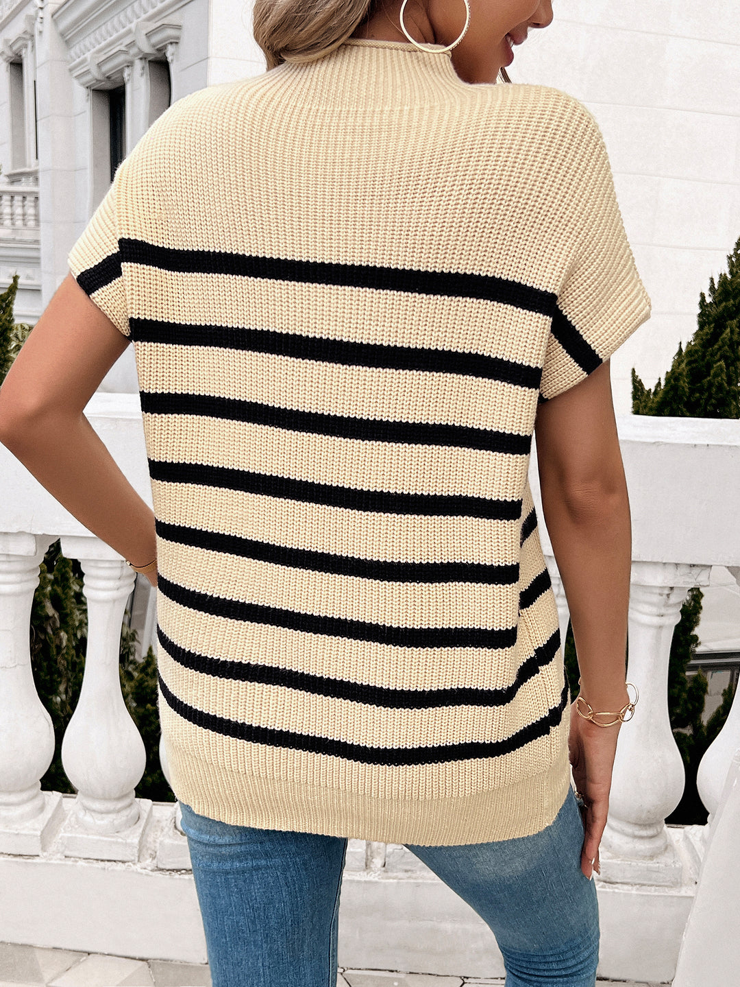 Cream High Neck Striped Top