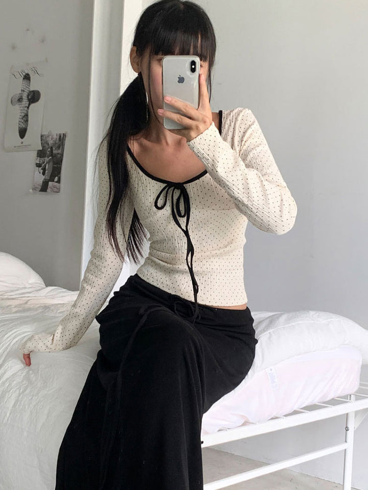 Off White Contrast Tie Up Full Sleeves Top