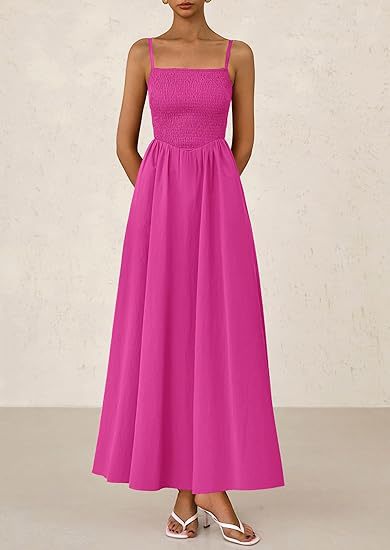Magenta Strappy Square Neck Cinched Waist Dress With Pockets