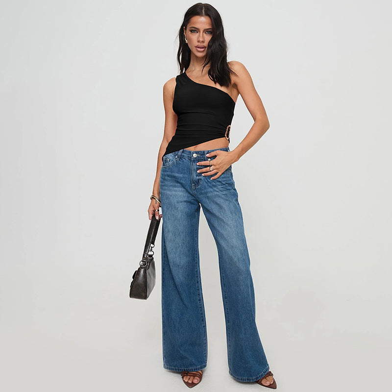 Black One Shoulder Asymmetric Buckle Top